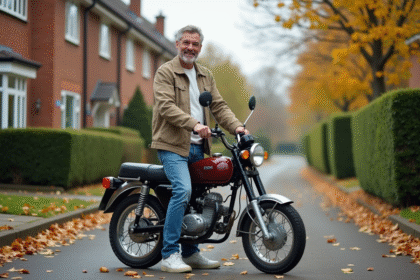 Homme souriant avec moto vintage 125cc en weekend