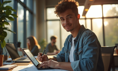 Jeune designer confiant dans un bureau moderne avec tablette