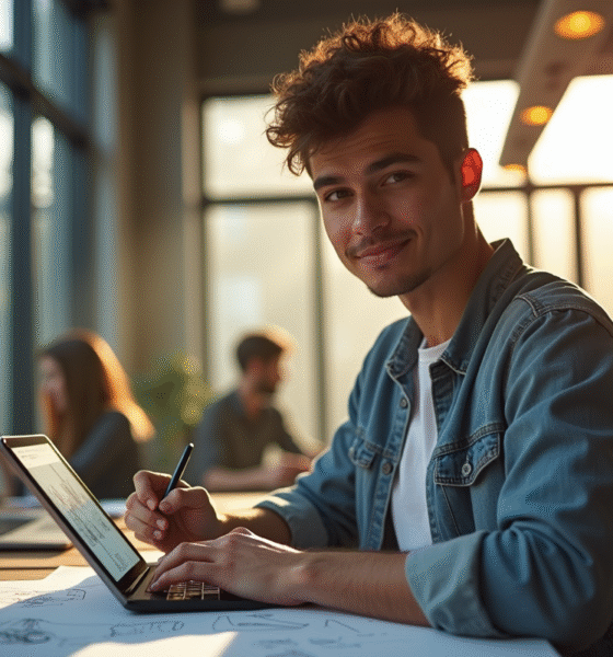 Jeune designer confiant dans un bureau moderne avec tablette