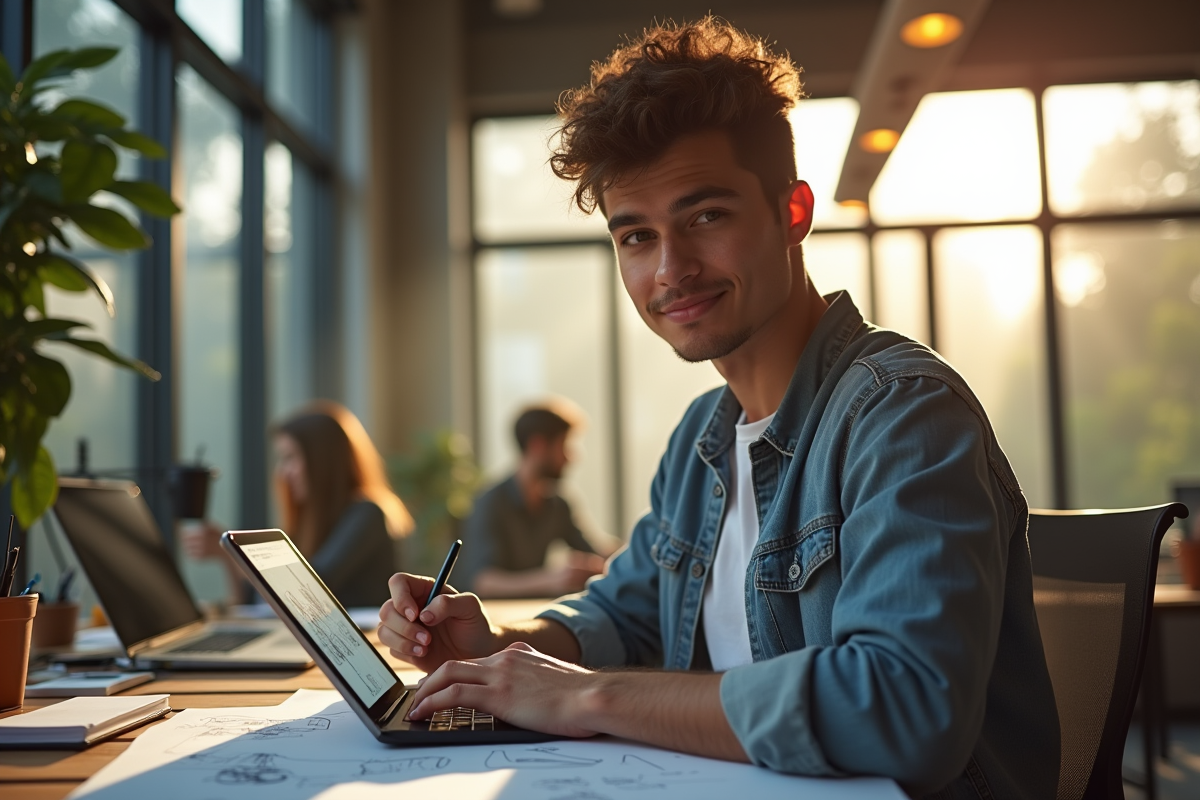 Jeune designer confiant dans un bureau moderne avec tablette