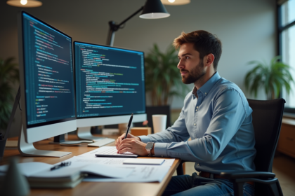 Jeune ingénieur homme au bureau moderne en tech