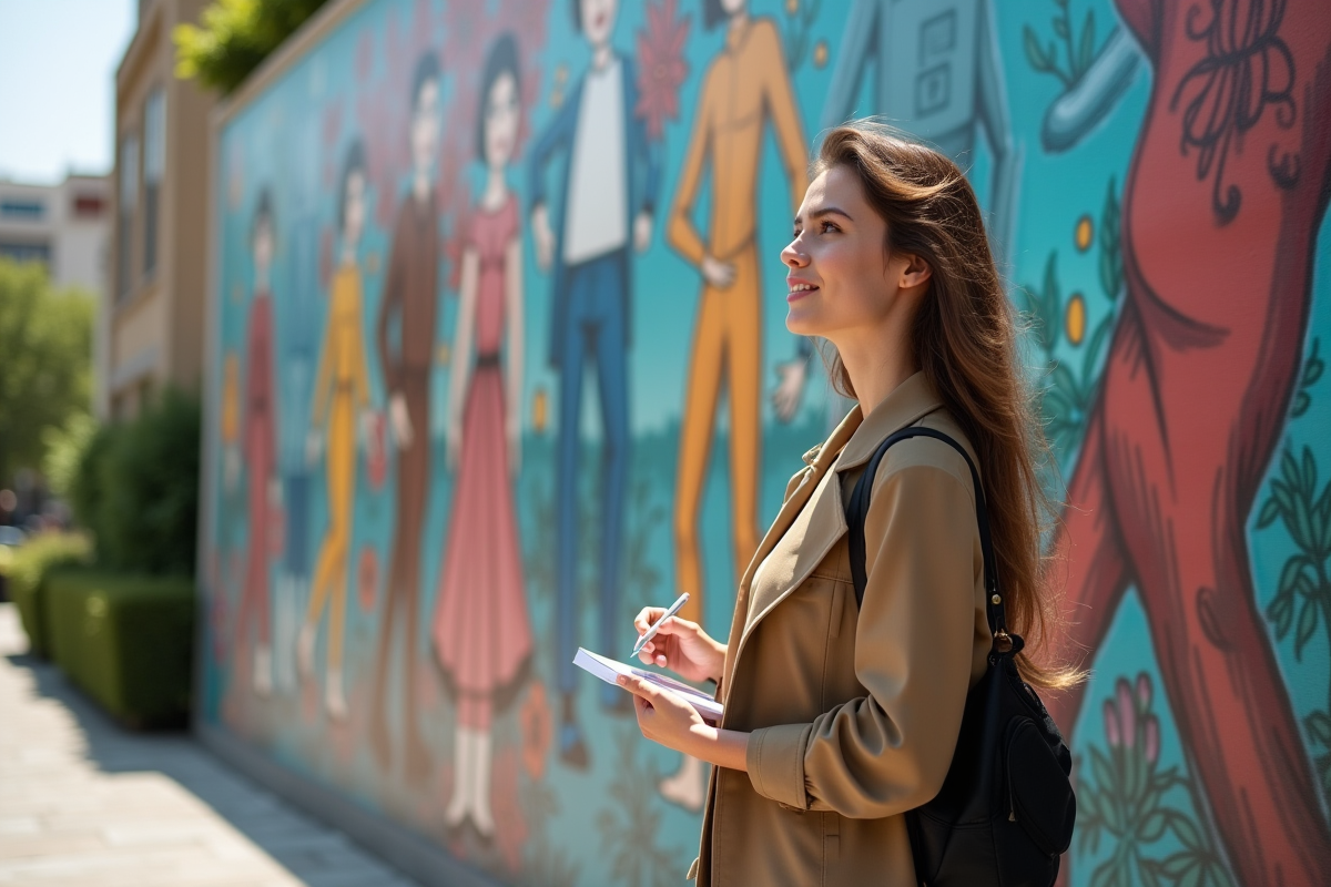 Jeune femme observant un mural artistique en plein air