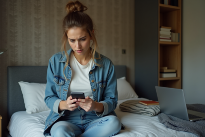 Jeune femme anxieuse avec smartphone dans son appartement