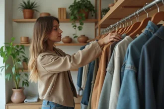 Jeune femme inspectant des vêtements recyclés dans une boutique
