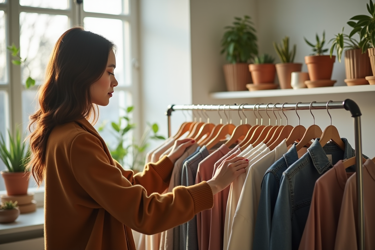 Jeune femme arrangeant des vetements en style minimaliste