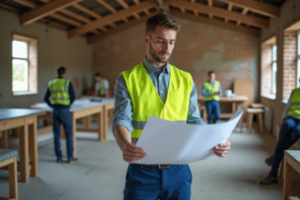Jeune homme en gilet haute visibilité examine des plans de construction