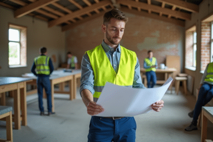 Jeune homme en gilet haute visibilité examine des plans de construction