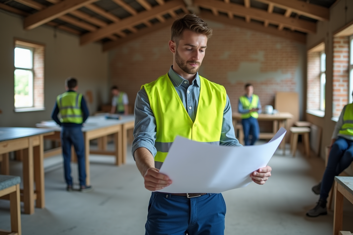 Jeune homme en gilet haute visibilité examine des plans de construction