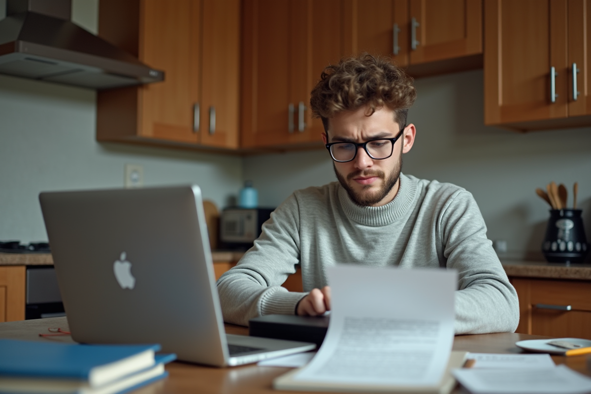 Jeune homme numérisant des documents avec un scanner à la maison