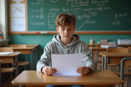Jeune garçon de 16 ans en classe avec rapport de notes
