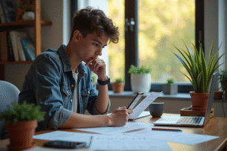 Jeune personne travaillant à domicile avec documents et ordinateur