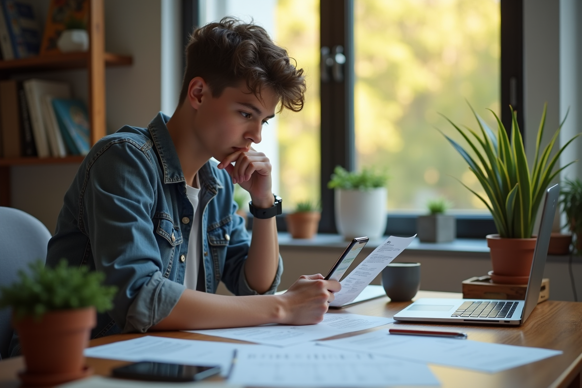 Jeune personne travaillant à domicile avec documents et ordinateur