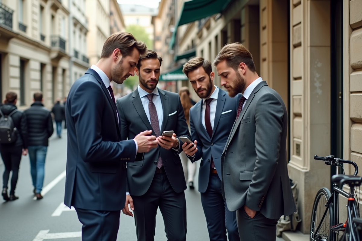 Jeunes professionnels discutant devant une banque en ville