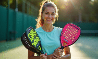 Joueur de padel débutant tenant plusieurs rackets colorés en extérieur