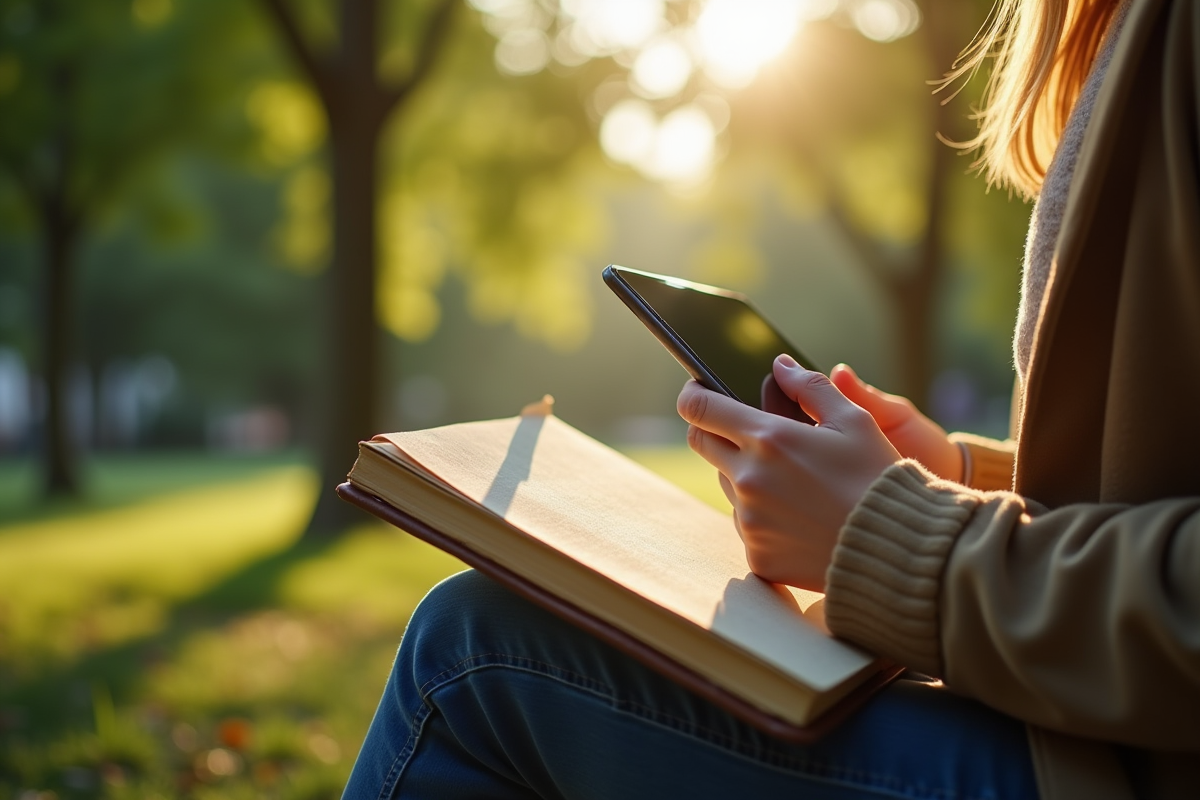 Personne dans un parc tenant un carnet et une tablette