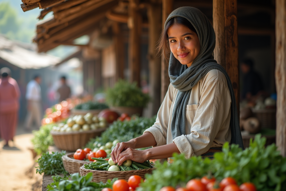 Vendeuse de marché rural arrangeant des légumes frais