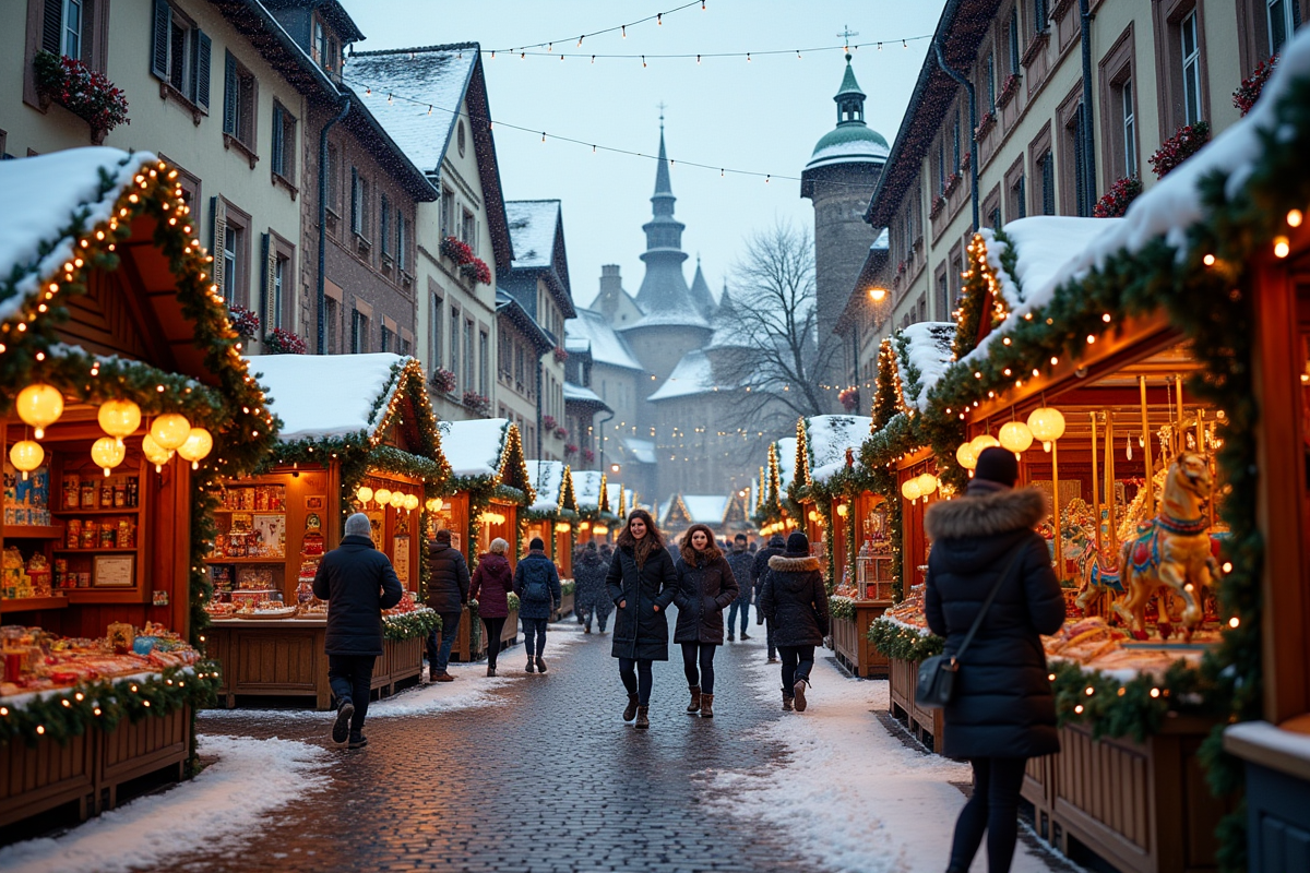 Marché de Noël en journée avec neige et manège vintage