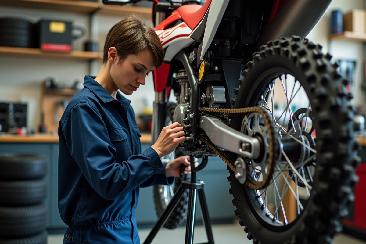 Femme mécanicien ajustant la chaîne d un CRZ Dirt 125 dans l atelier