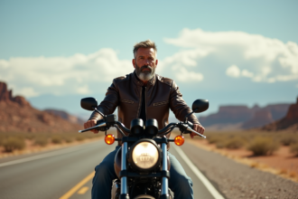 Motard avec moto sur route désertique américaine