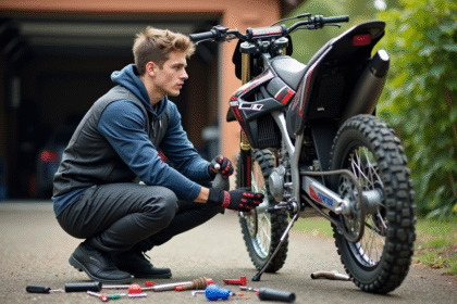 Jeune motocross homme inspectant un échappement CRZ Dirt 125