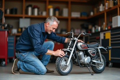 Homme nettoyant la chaine d'une mini moto tout-terrain