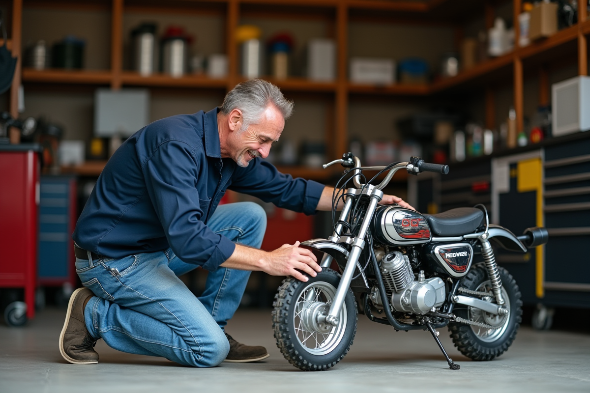 Homme nettoyant la chaine d'une mini moto tout-terrain