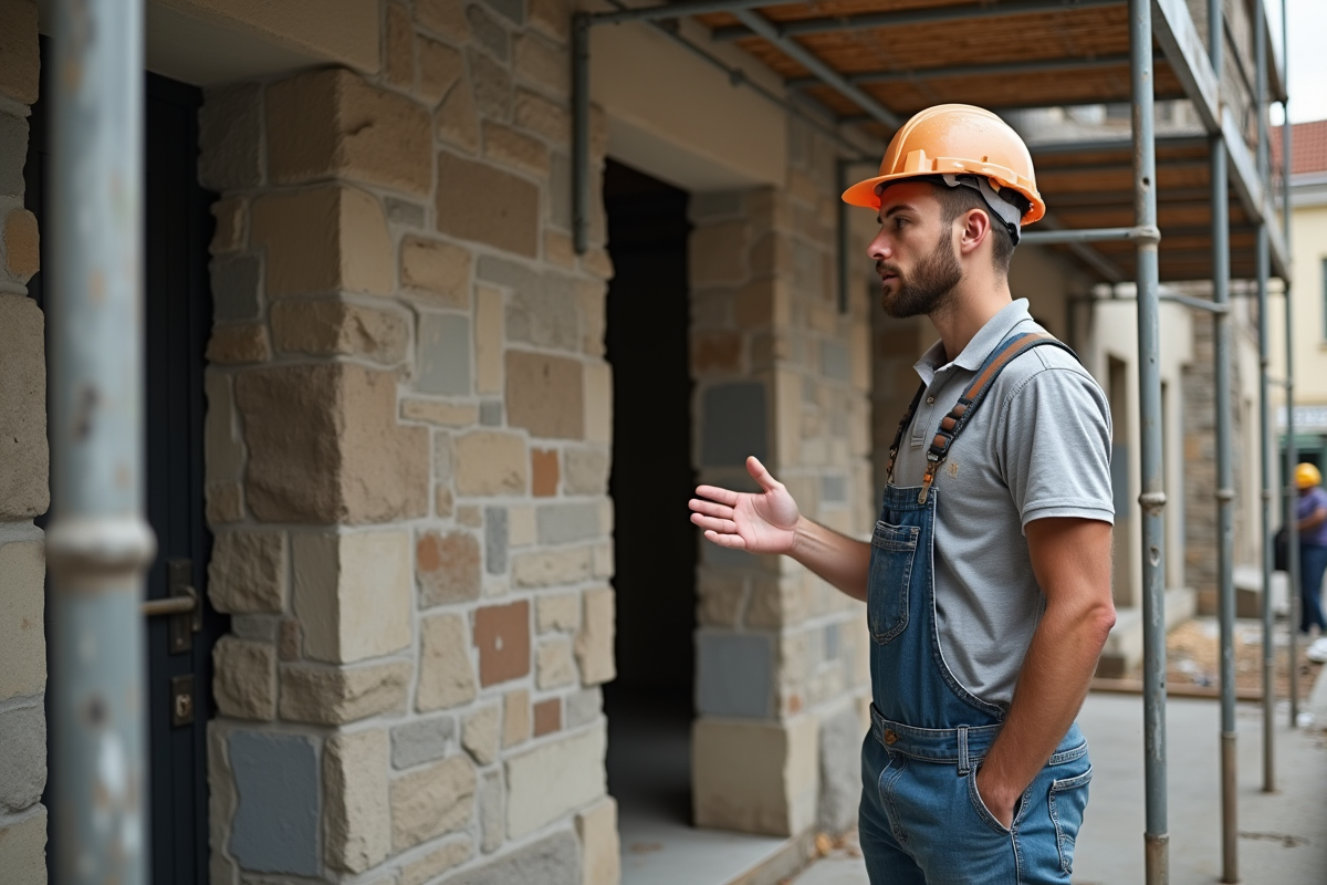 Jeune ouvrier parlant à une équipe devant un bâtiment en restauration