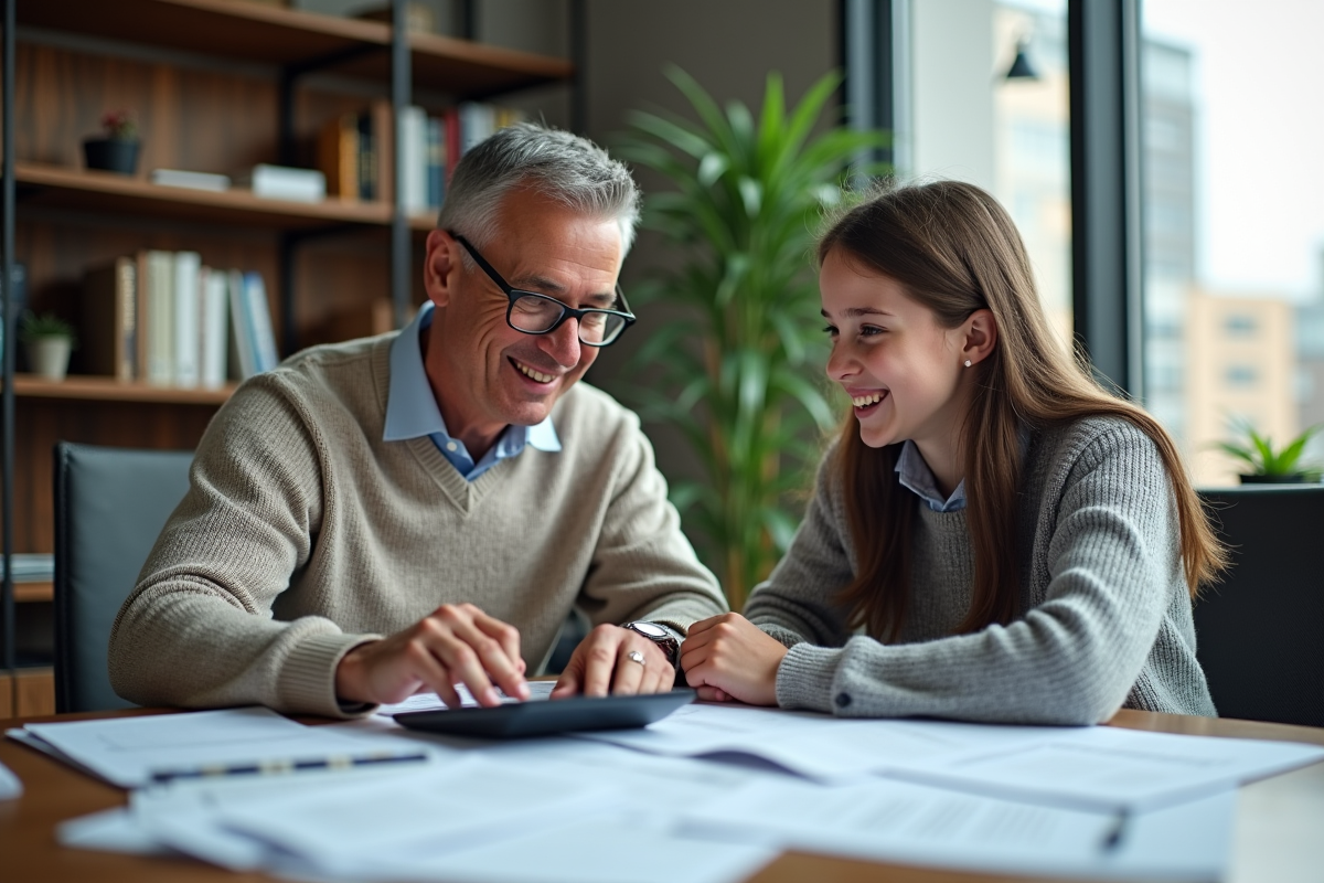 Père et fille discutant de finances au bureau