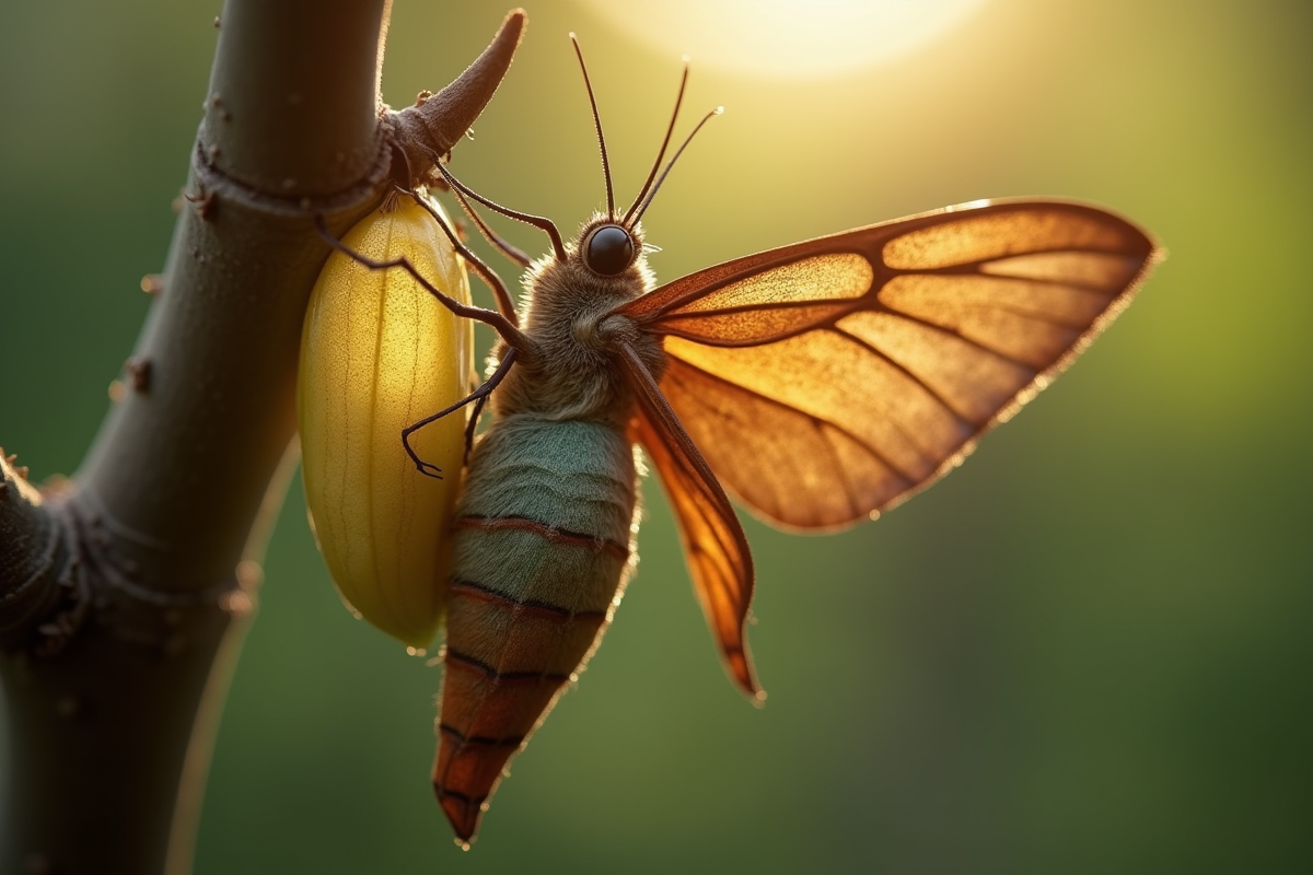 Sphinx sortant de sa chrysalide en lumière douce