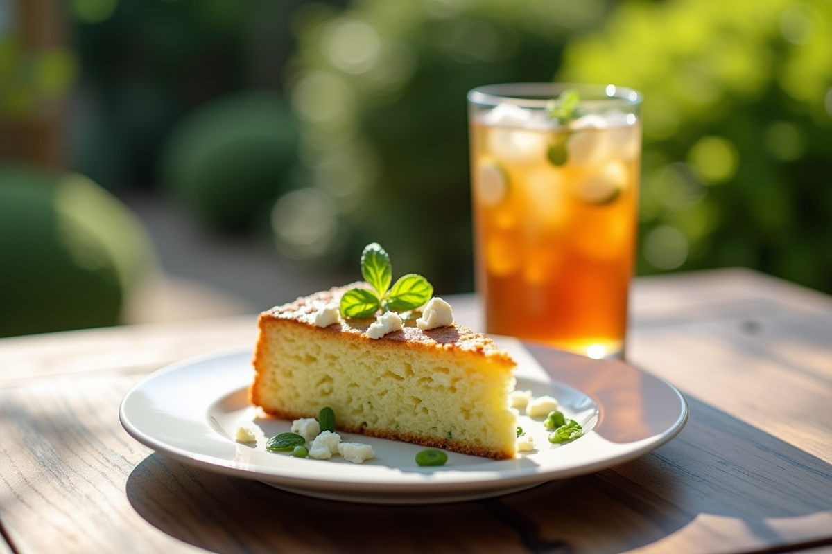Tranche de gâteau courgette feta sur assiette avec thé glacé