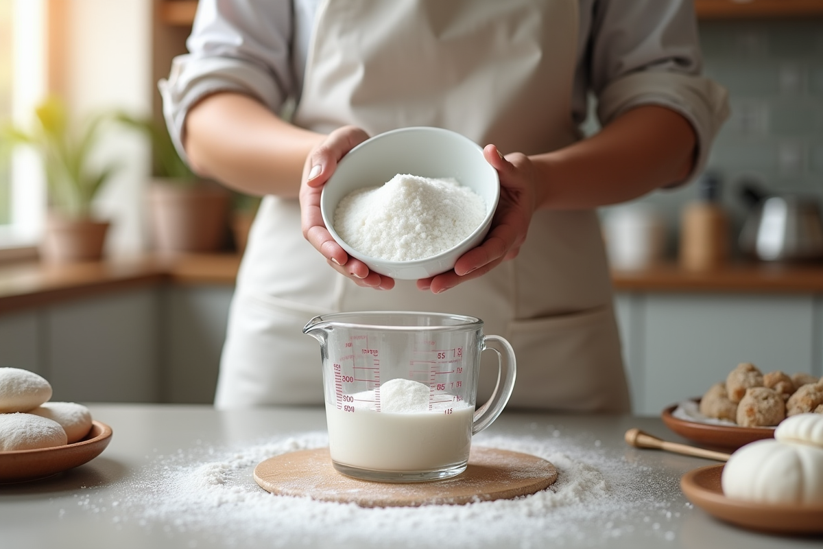 Mains d’un boulanger versant du sucre dans un verre doseur en cuisine lumineuse