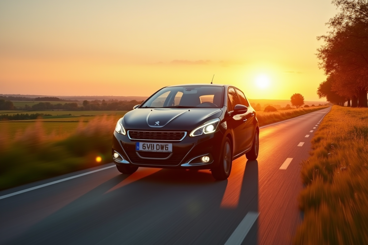Peugeot 208 électrique roulant en campagne au coucher du soleil