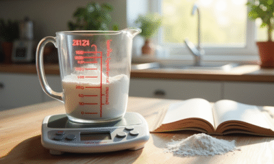 Plan de cuisine avec un verre doseur rempli de farine sur une balance