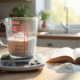 Plan de cuisine avec un verre doseur rempli de farine sur une balance