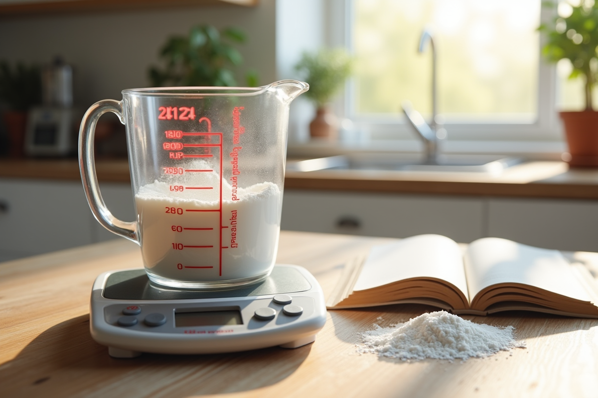 Plan de cuisine avec un verre doseur rempli de farine sur une balance