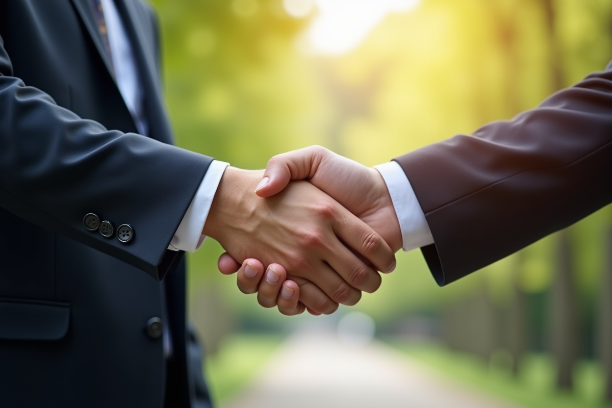 Poignee de main entre deux personnes en plein air