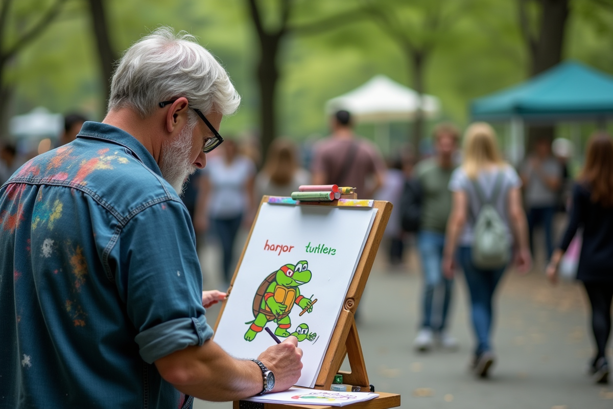 Professeur d art dessinant des tortues dans un parc urbain