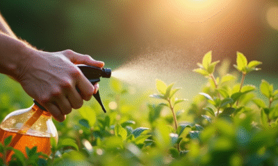 Main pulvérisant un désherbant naturel dans le jardin