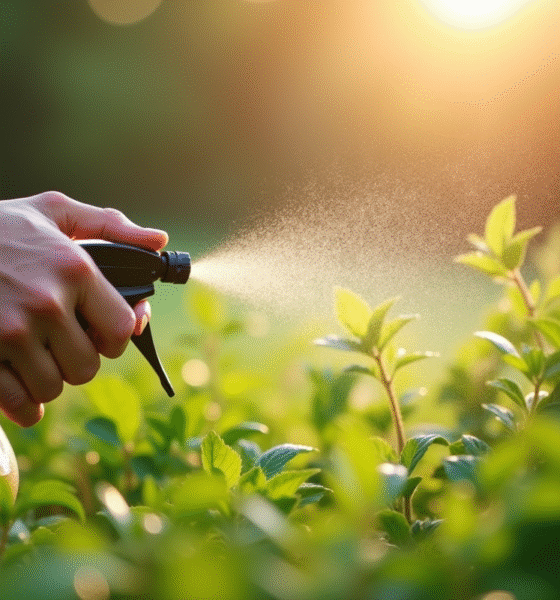 Main pulvérisant un désherbant naturel dans le jardin