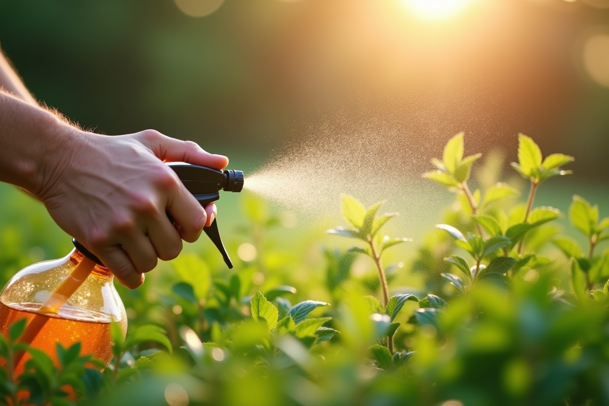 Main pulvérisant un désherbant naturel dans le jardin