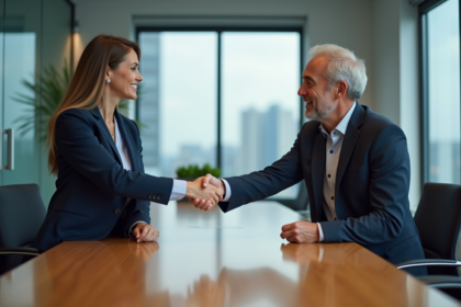 Deux partenaires d'affaires se serrant la main dans un bureau moderne