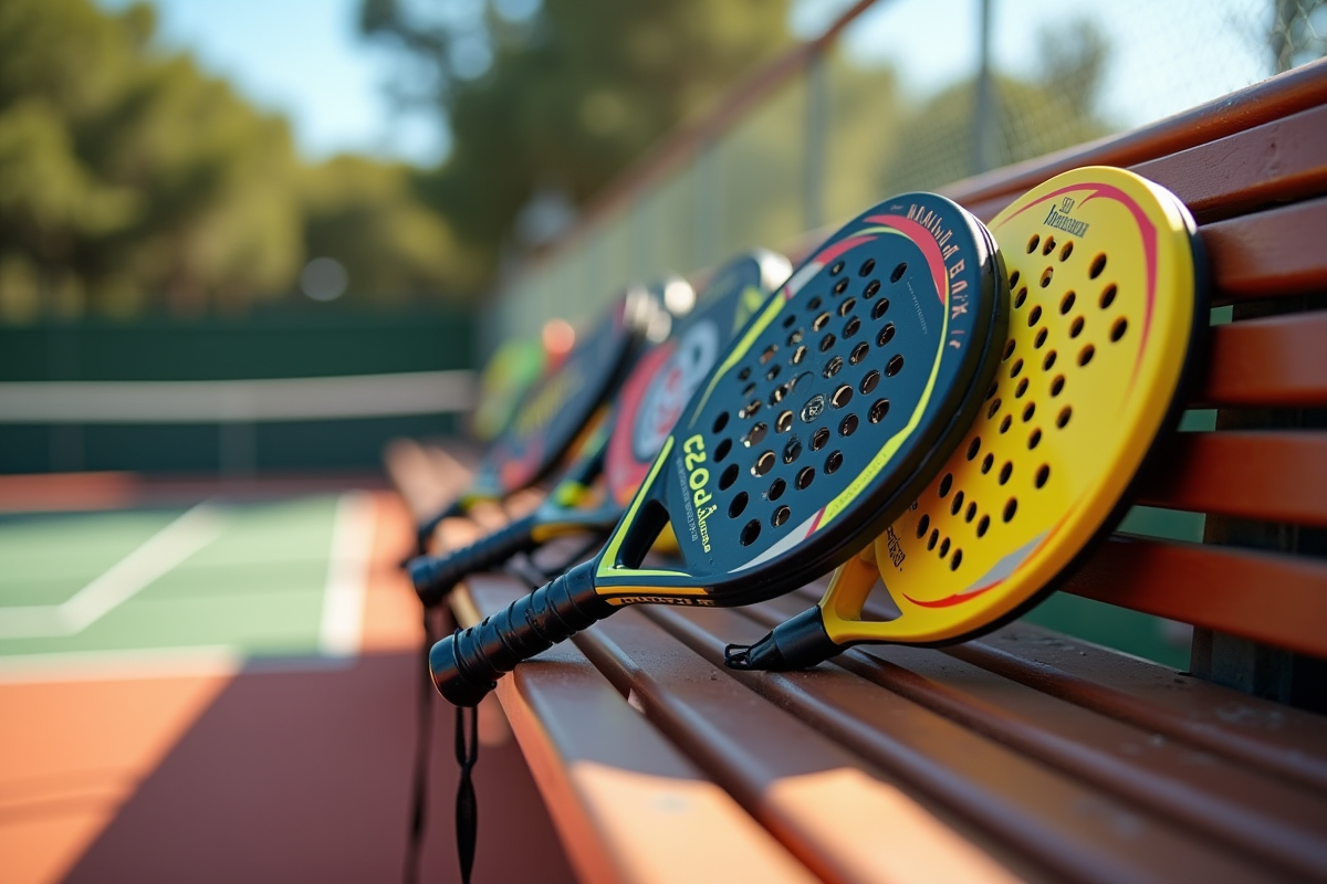 Gamme de rackets de padel débutant alignés sur un banc en plein air