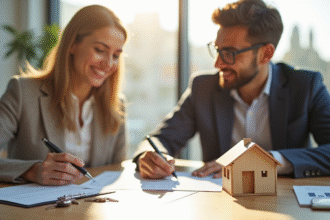 Couple souriant signant un contrat de prêt immobilier avec un conseiller