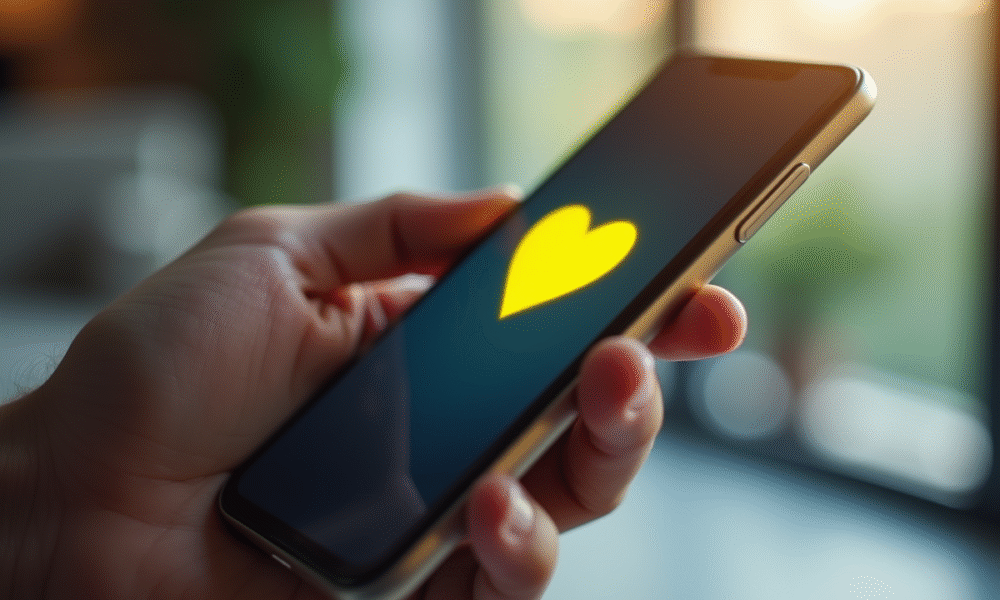 Zoom sur un smartphone avec emoji cœur jaune affiché