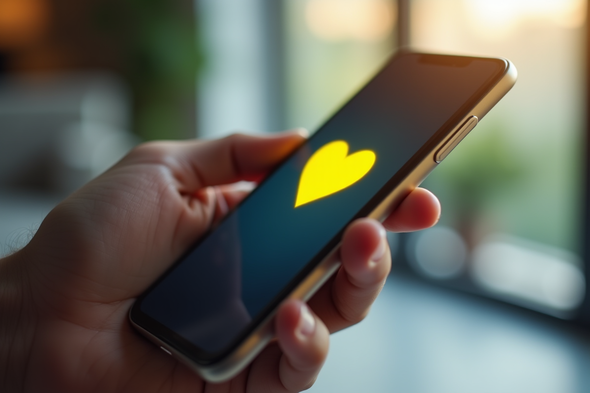 Zoom sur un smartphone avec emoji cœur jaune affiché