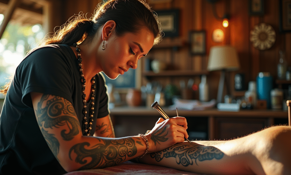 Artiste polynesien réalisant un tatouage maori traditionnel sur un client dans un studio lumineux