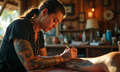 Artiste polynesien réalisant un tatouage maori traditionnel sur un client dans un studio lumineux