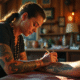 Artiste polynesien réalisant un tatouage maori traditionnel sur un client dans un studio lumineux