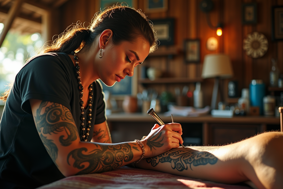 Artiste polynesien réalisant un tatouage maori traditionnel sur un client dans un studio lumineux