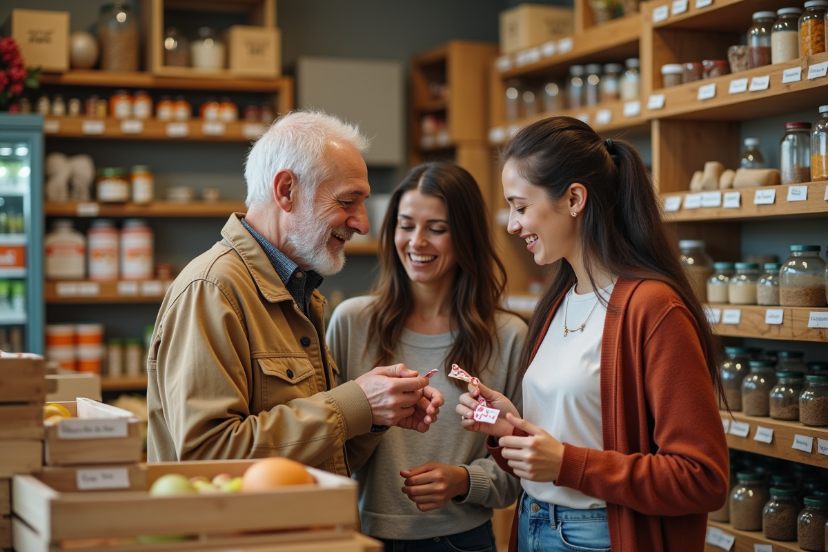 Trois générations dans une épicerie familiale en pleine discussion